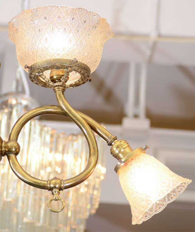 American Antique Victorian Brass Light Fixture with Original Glass Shades