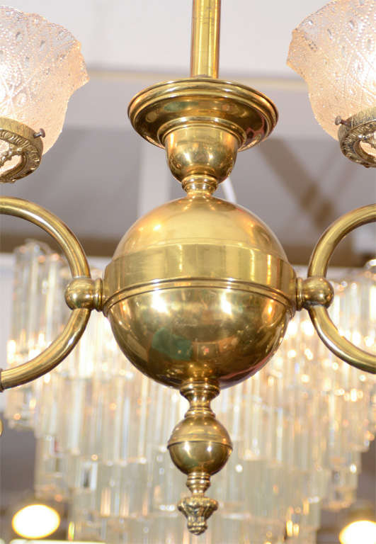 19th Century Antique Victorian Brass Light Fixture with Original Glass Shades