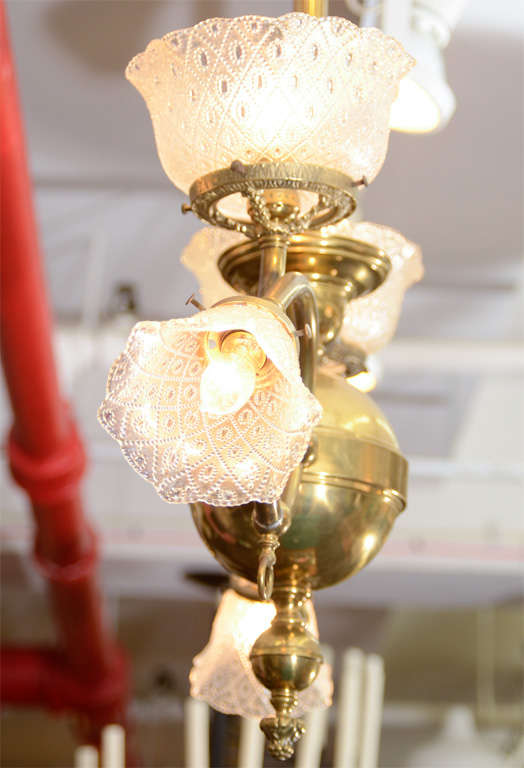 Antique Victorian Brass Light Fixture with Original Glass Shades 1
