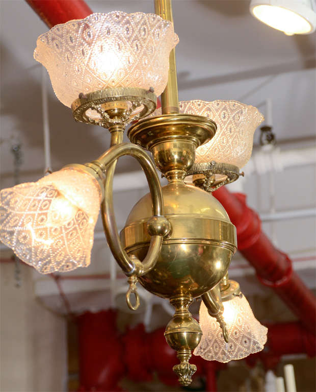 Antique Victorian Brass Light Fixture with Original Glass Shades 2