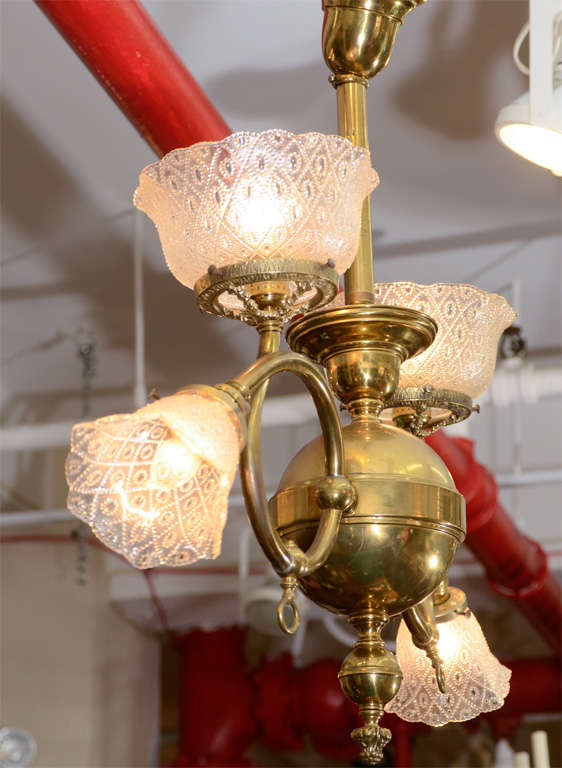 Antique Victorian Brass Light Fixture with Original Glass Shades 3