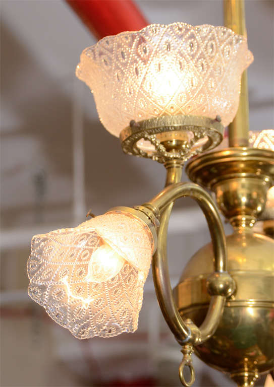 Antique Victorian Brass Light Fixture with Original Glass Shades 4