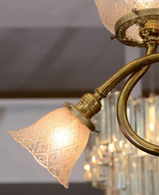 Antique Victorian Brass Light Fixture with Original Glass Shades 5
