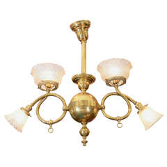 Antique Victorian Brass Light Fixture with Original Glass Shades