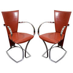 Set of Six Red Leather Art Deco Armchairs with Chrome Frames