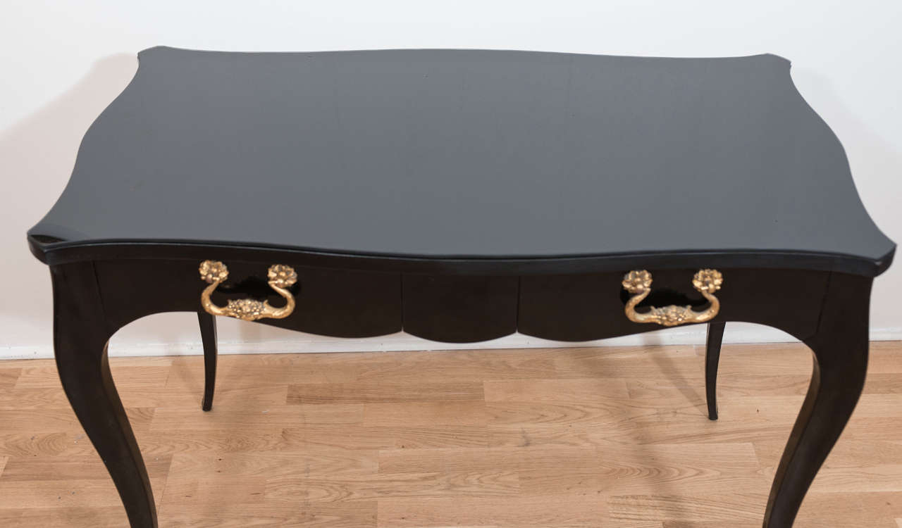French Hollywood Regency Style Black Lacquered Desk