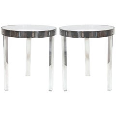 "Regency"Stainless Steel and Lucite Side Tables After Charles Hollis Jones
