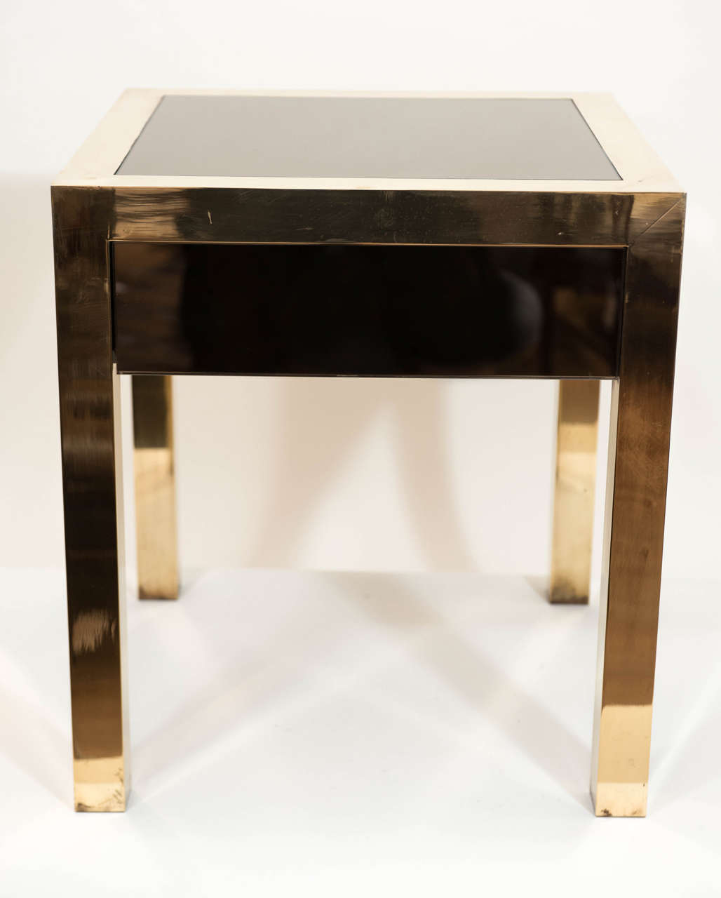 American Pair of Brass and Mirrored End Tables With Single Drawer