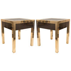 Pair of Brass and Mirrored End Tables With Single Drawer