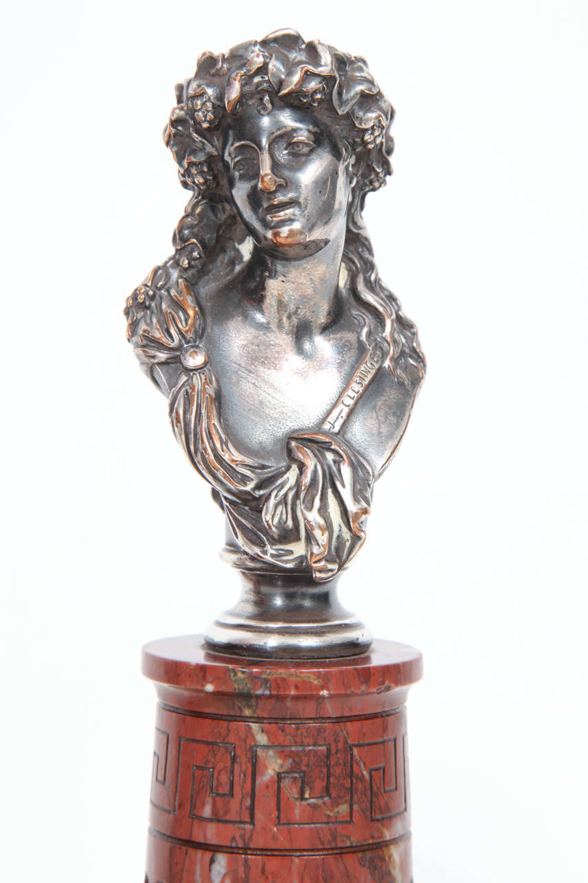 French Pair of Silvered Bronze and Rouge Marble Busts