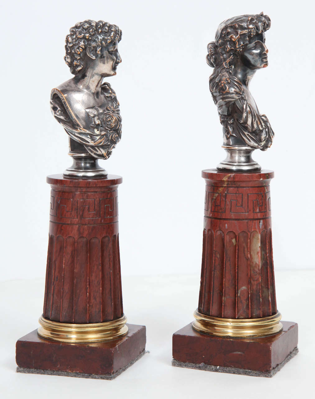 Pair of Silvered Bronze and Rouge Marble Busts In Good Condition In New York, NY