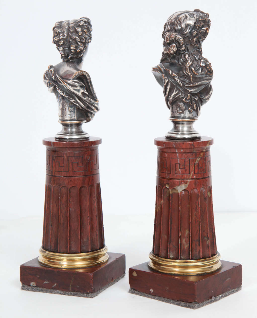 19th Century Pair of Silvered Bronze and Rouge Marble Busts