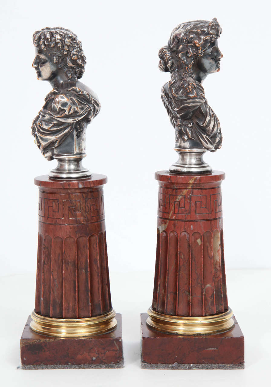 Pair of Silvered Bronze and Rouge Marble Busts 3