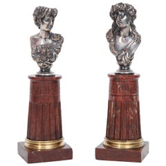 Pair of Silvered Bronze and Rouge Marble Busts