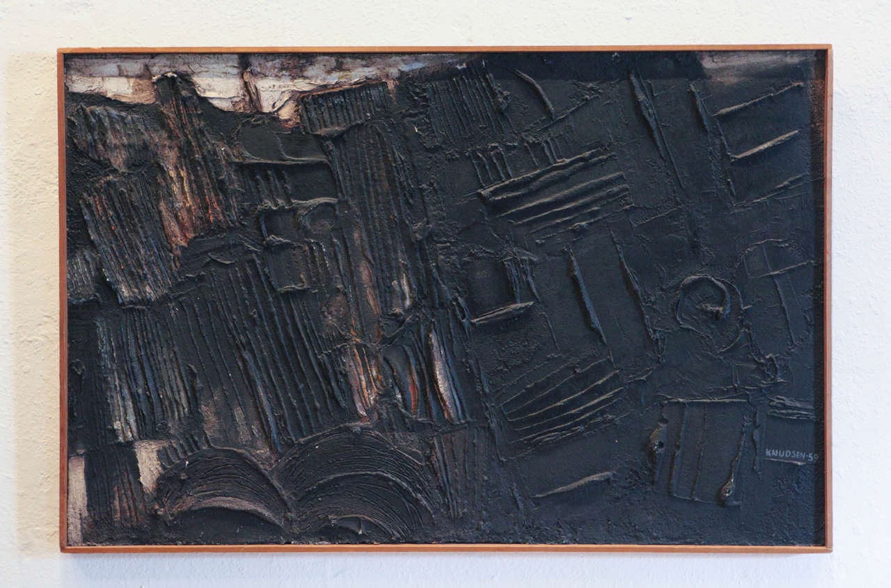 A dark and brooding Scandinavian abstract mixing oil paint and cement. Dated and signed 'knudsen 59.'