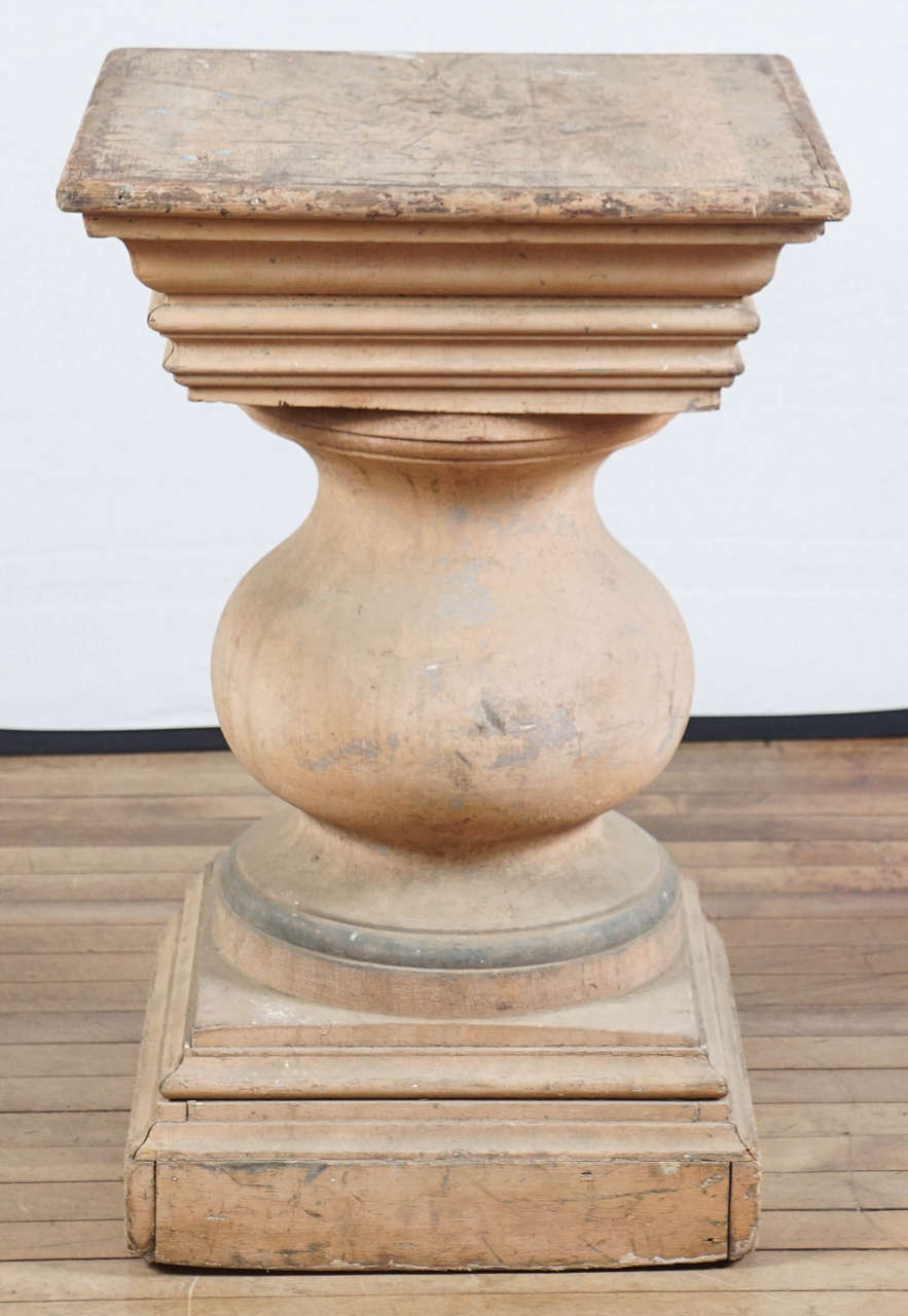 early pedestal of a large fat baluster - turned from one tree - applied moldings - in original dry soft pinkish brown painted surface