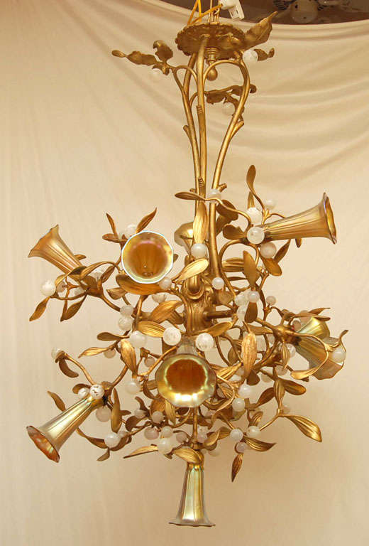 A Art Nouveau Style Mistletoe Chandelier with Art Glass shades, with 10 lights.