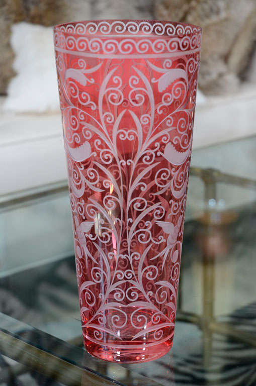 Hand-Crafted Vase, Crystal, Baroque Style, Red Crystal, Produced in Czech Republic, Tall Vase For Sale