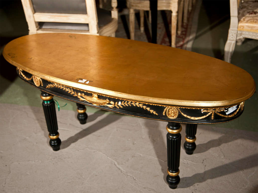Argentine Louis XVI Style Ebonized And Gilt Gold Painted Oval Coffee Table Attrib. Jansen