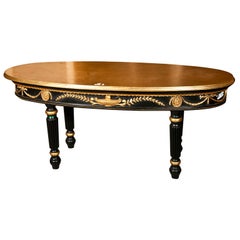 Louis XVI Style Ebonized And Gilt Gold Painted Oval Coffee Table Attrib. Jansen