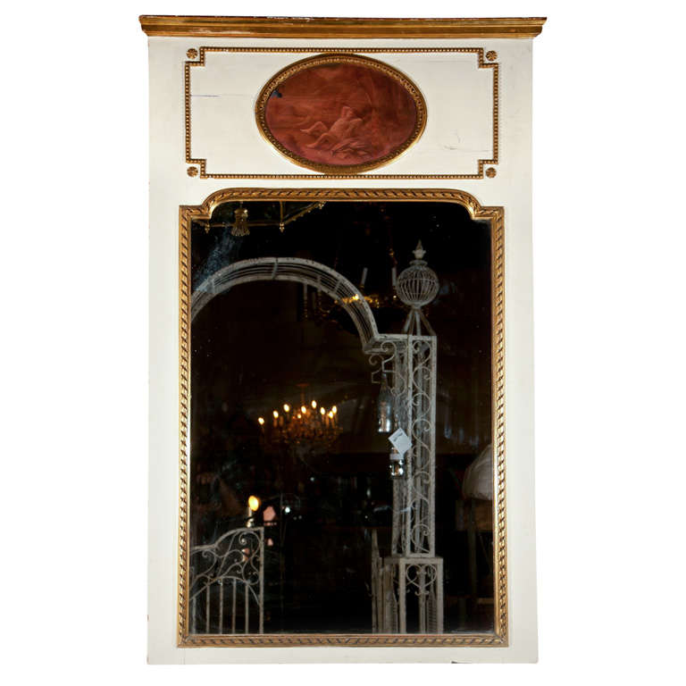 French Trumeau Mirror White Paint Decorated And Parcel Gilt With Child Painting