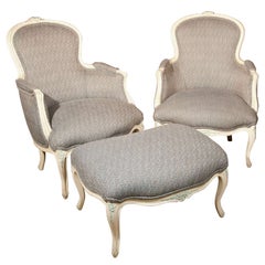 Three Piece French Duchesse Brisee Bergere Chair Set Two Chairs With Ottoman 