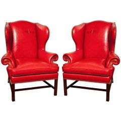 Pair of Red Leather Wing Chairs