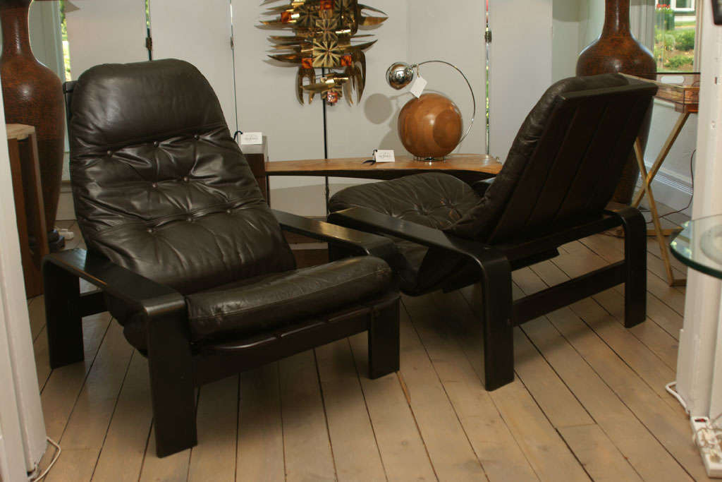 Pair of Bent Wood and Leather Reclining Chairs