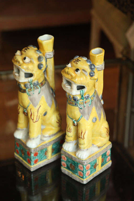 20th Century A Pair of Chinese Polychrome Decorated Seated Foo Dogs, 20th c.