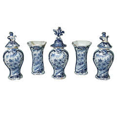 A Five Piece Set of 19th Century Blue and White Delft Garniture