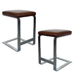 Vintage Pair of Modernist Croc Leather Counter Stools by Milo Baughman