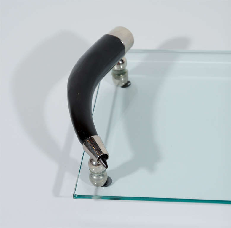 American Modernist Glass Tray with Stylized Horn Handles