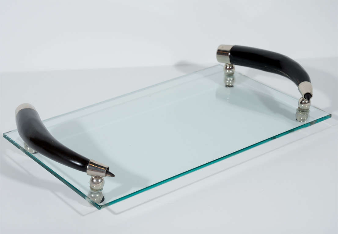 Modernist Glass Tray with Stylized Horn Handles 1