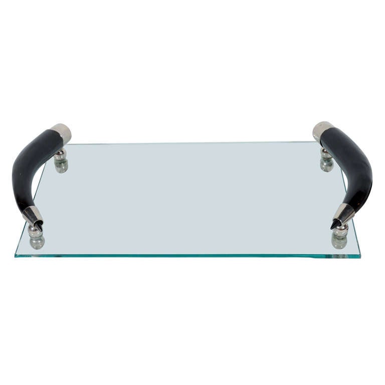 Modernist Glass Tray with Stylized Horn Handles