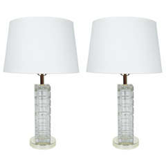 Pair of Modern Cut Crystal Lamps with Cross-Hatched Design