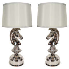 Pair of Stylized Art Deco Knight Lamps in Nickel