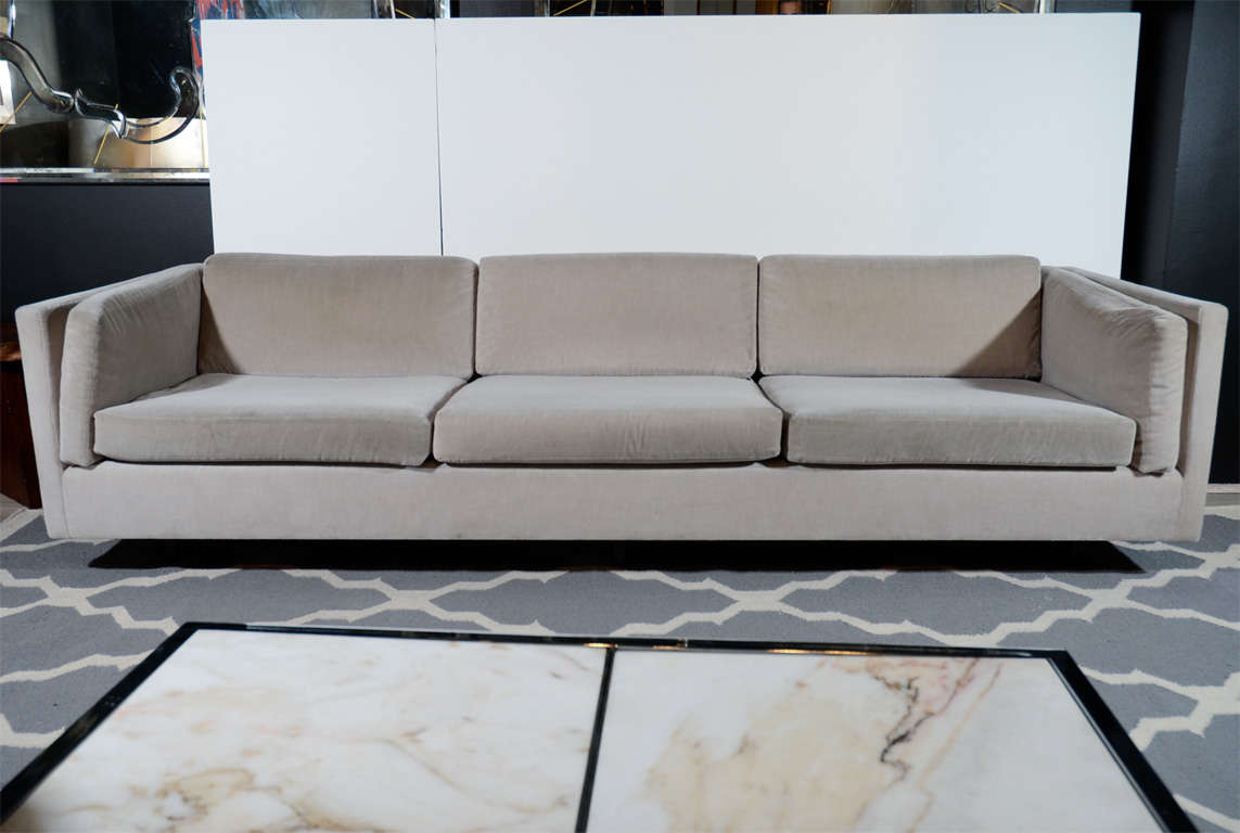 Exemplar of Mid Century Modern design, this sofa
measures nearly 8 feet in length.  It has classic lines
from all angles and is upholstered in a pale grey/taupe 
colored mohair with original label.  The sofa also has 
floating leg details in