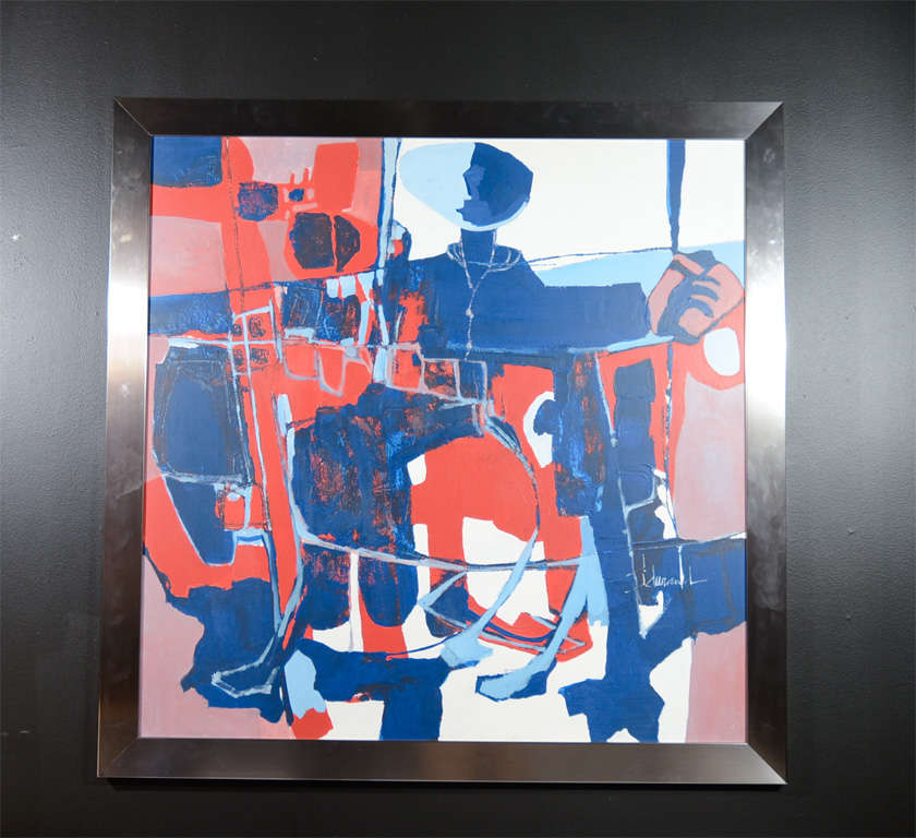 Outstanding abstract painting by contemporary artist J Durand,
in vibrant hues of blues, red, white, and mauve. Custom frame with
chrome banded front. Signed by the artist.