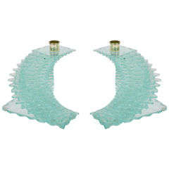 Pair of Stylized Spiral and Chain Beveled Glass Candle Holders