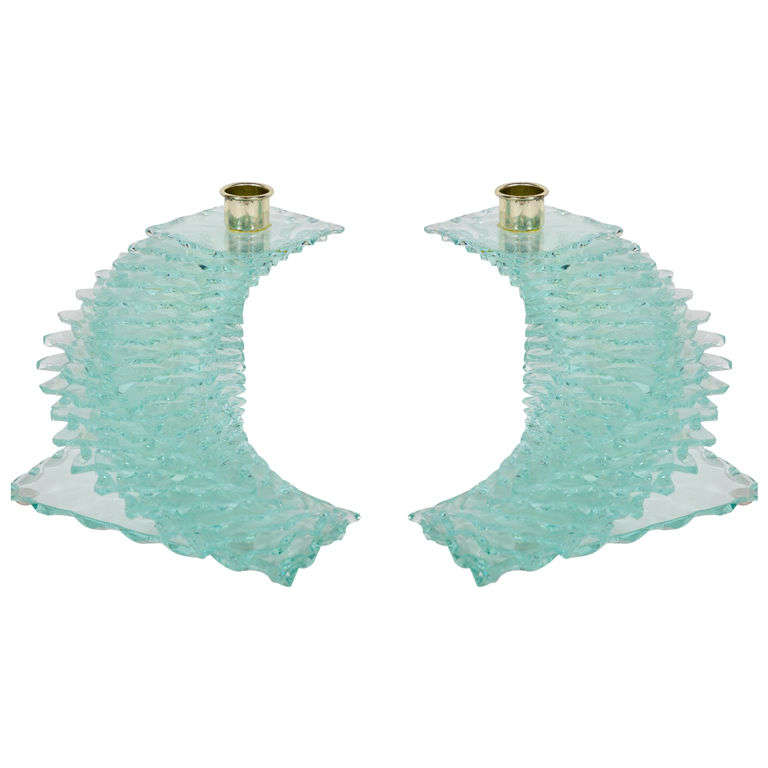 Pair of Stylized Spiral and Chain Beveled Glass Candle Holders