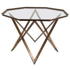 Vintage X Form Brass Base Glass Top Center or Side Table, circa 1965