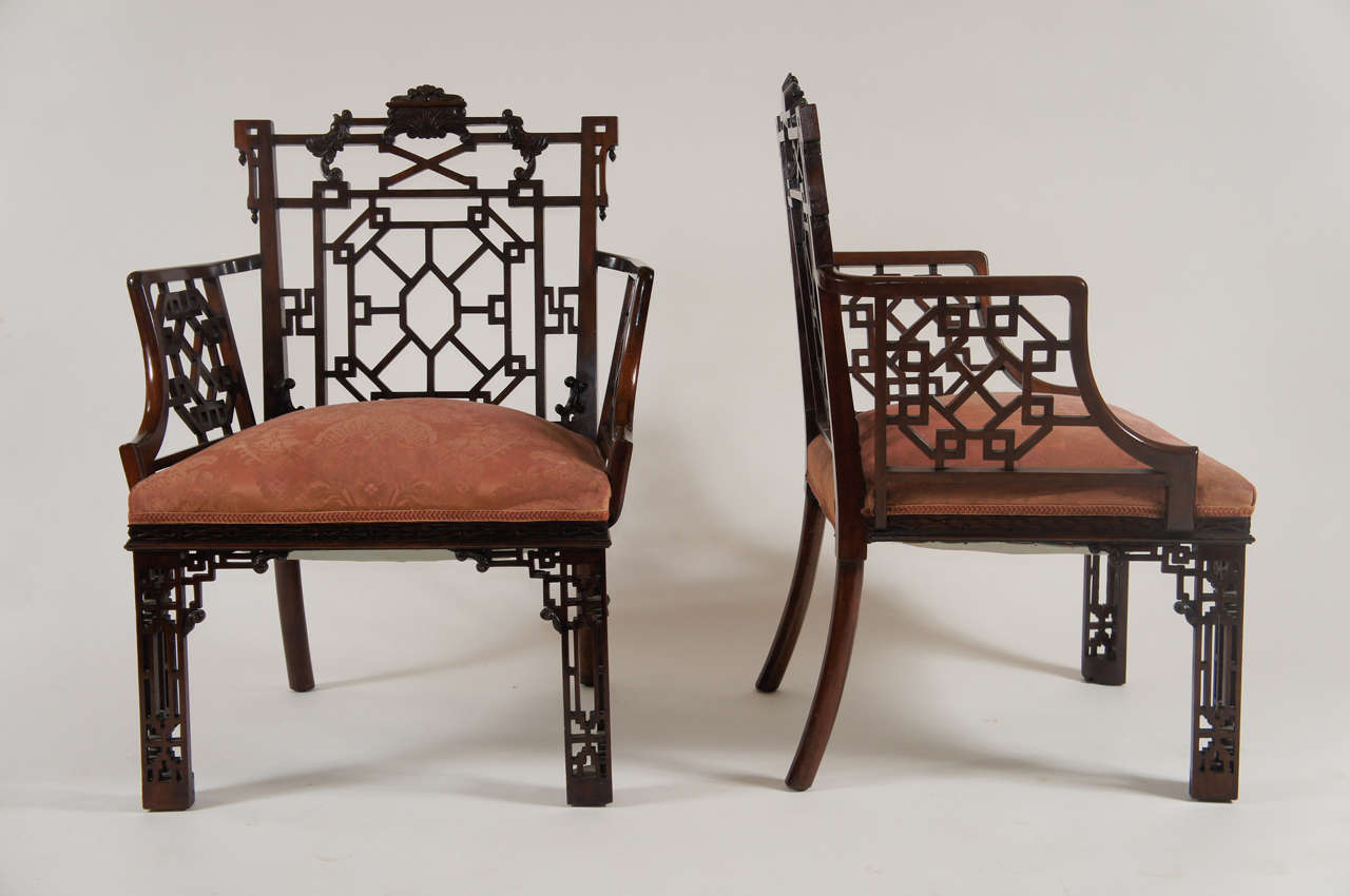 English Highly Important Pair of Chinese Chippendale Armchairs, Lord Leverhulme