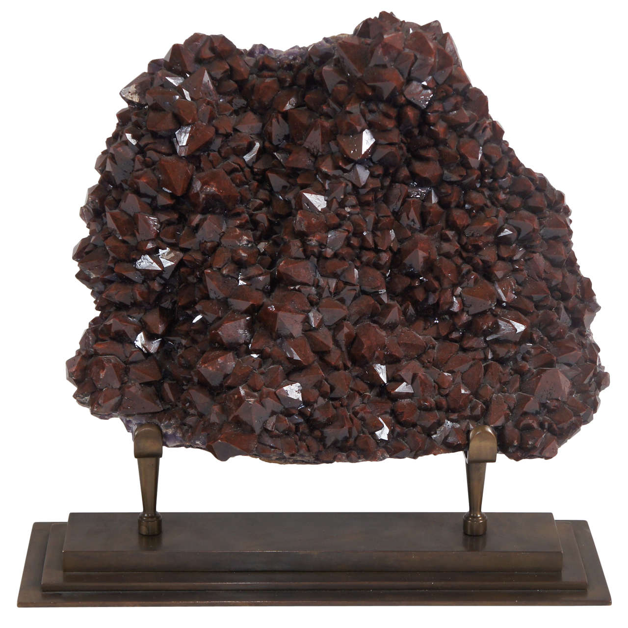 Large Red Cap Amethyst Hematite Specimen on Bronze Stand