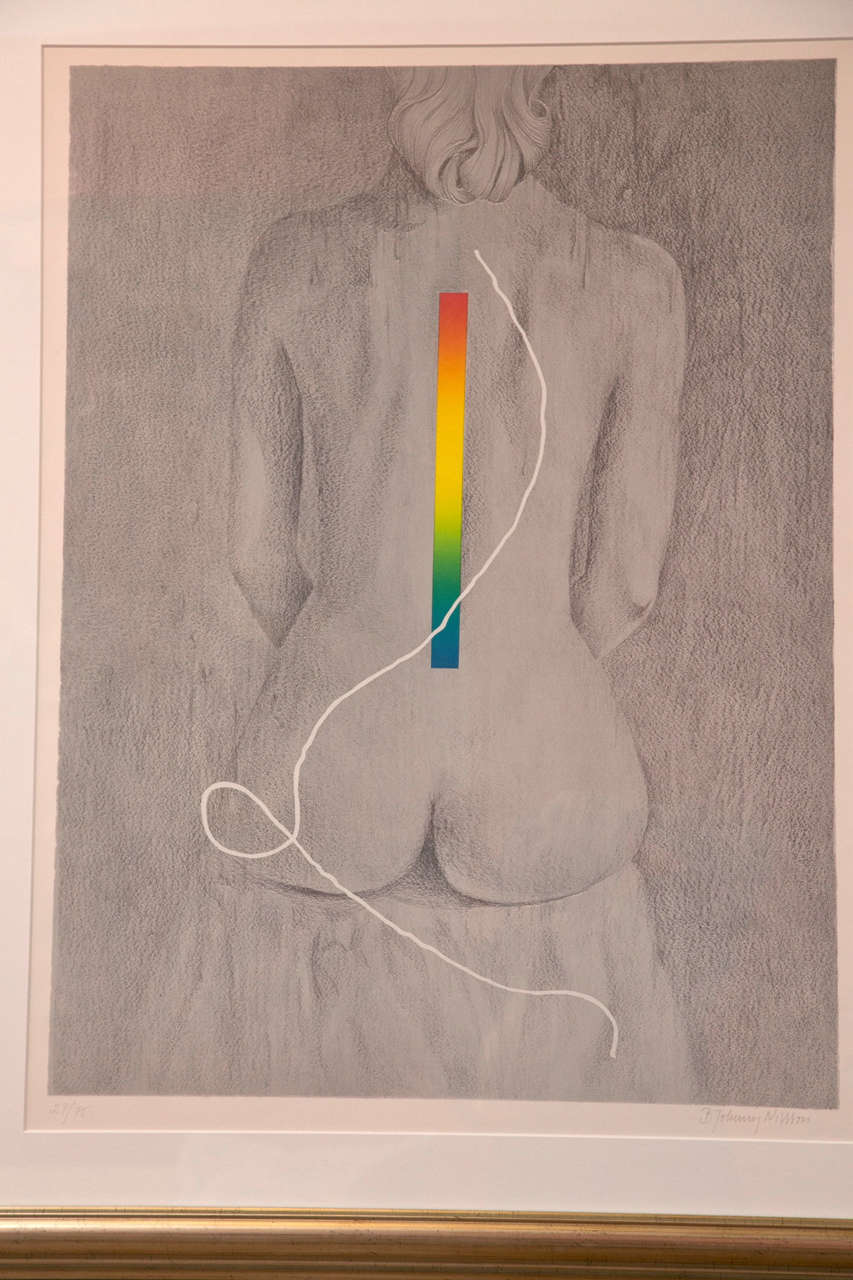20th century lithograph, 27 of 75 of female nude with stripe, signed John Nissom.