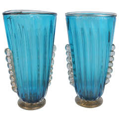 Beautiful Pair of Aquamarine Murano Vases