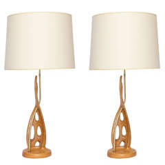 Table Lamps Pair Mid Century Modern Sculptural wood and brass 1950's