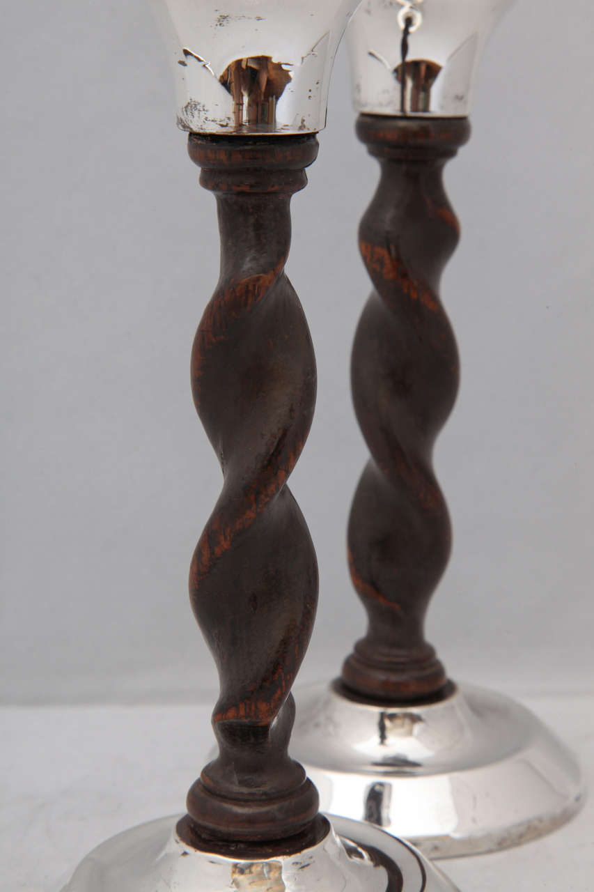 British Art Deco, Jacobean-Style Sterling Silver and Barley Twist Wood Candlesticks