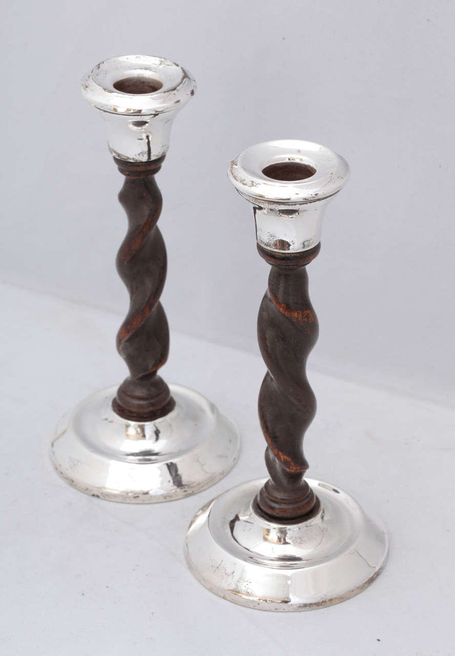 Art Deco, Jacobean-Style Sterling Silver and Barley Twist Wood Candlesticks 2