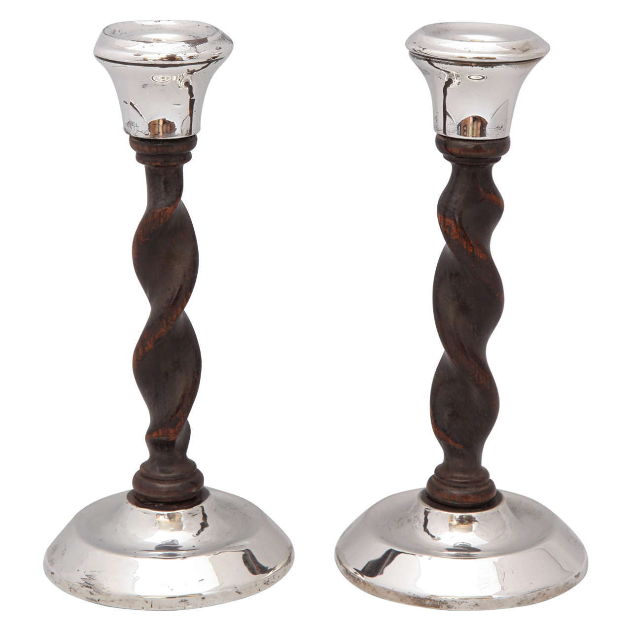 Art Deco, Jacobean-Style Sterling Silver and Barley Twist Wood Candlesticks
