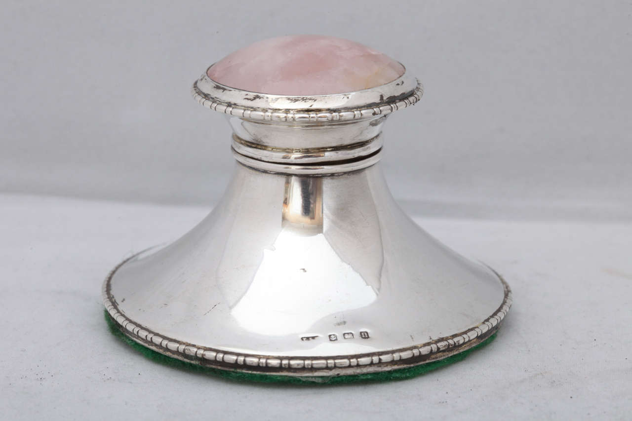 Edwardian, sterling silver and rose quartz Inkwell with hinged lid, Birmingham, England, 1912, Levi & Salamon - makers. 